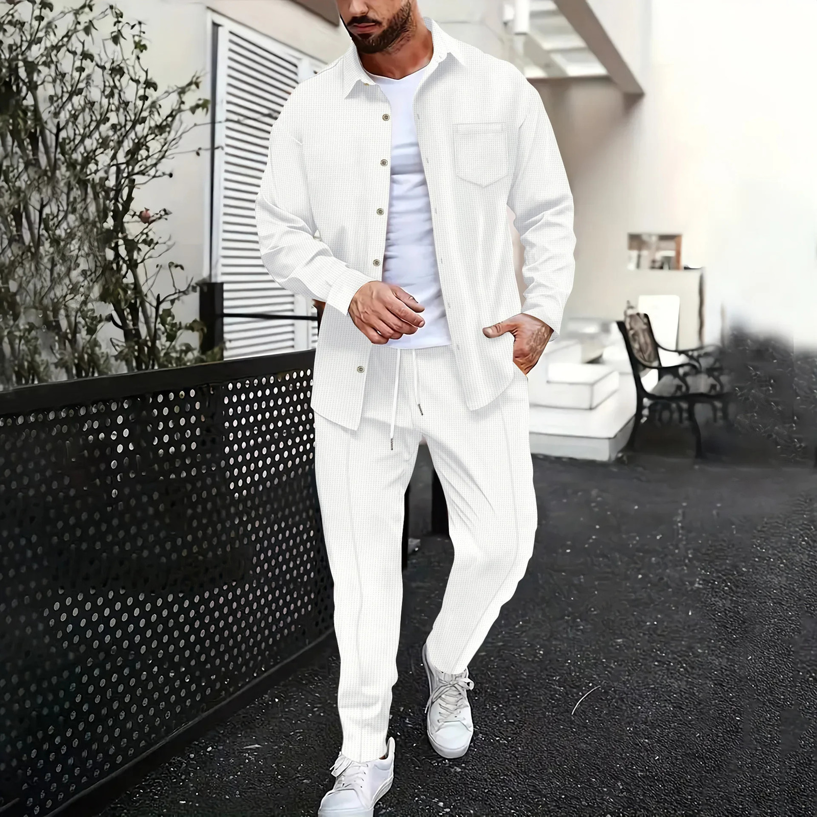 Spring and summer mens waffle solid color twopiece trend lapel long sleeved shirt Trous casual outdoor sportswear 250327