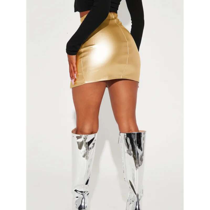 Dongdumaoyi Vrouwen Metallic PU Slit Lederen Rok Sexy Hoge Taille Rits Midi Bodycon Mini A