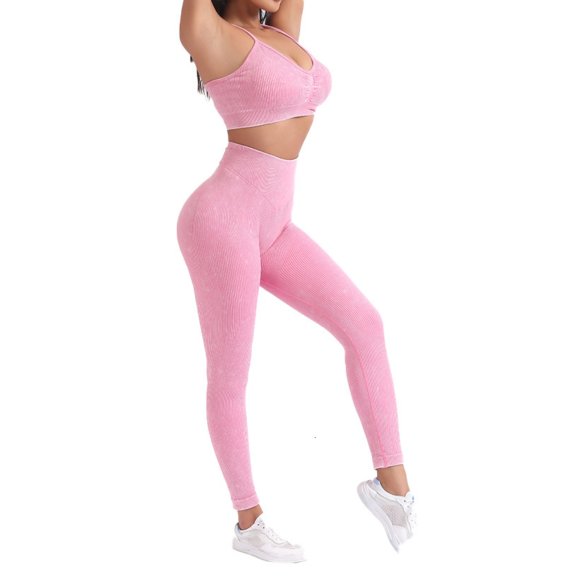 Seamless Yoga Suit With Zipper, Shoulder Straps, Bra Vest, Threaded High Waist, Washed Long And Short Split Set