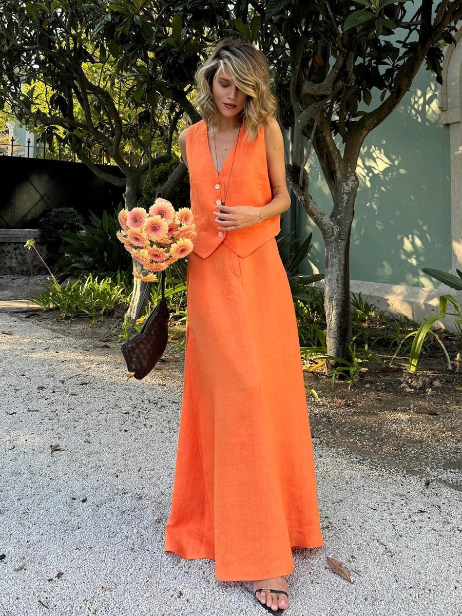 Bronlades Womems Chic Vest Skirt Suit 2piece Summer Womens Sleeveless Top Fashion Office Loose Set 250326