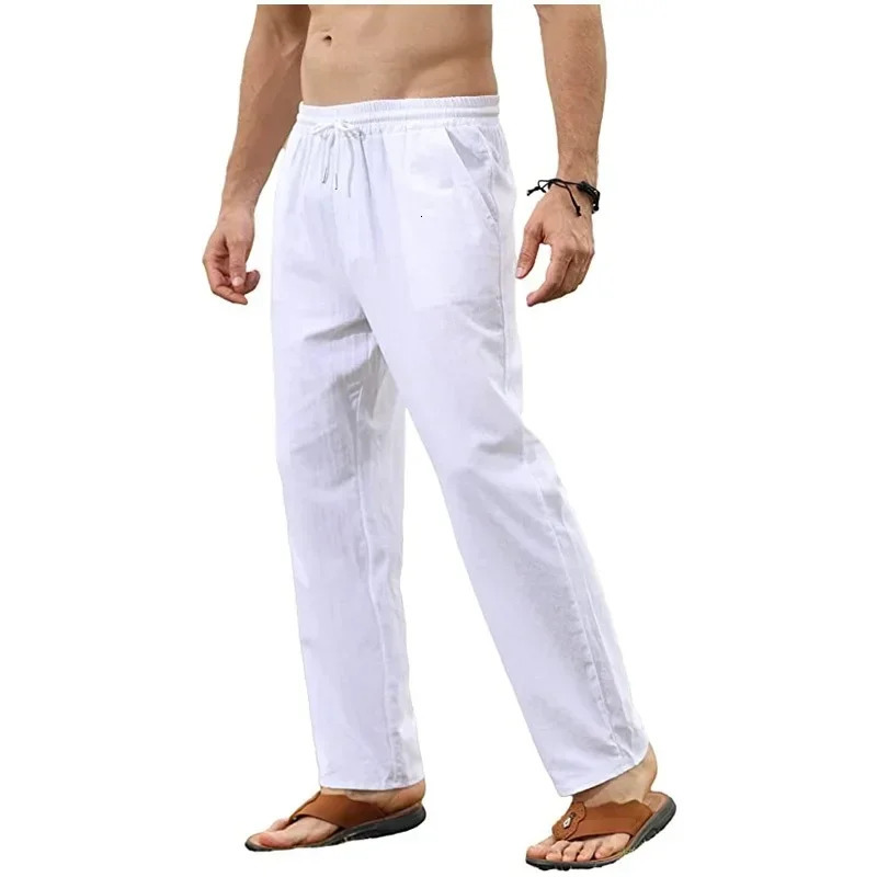 Fashionable mens cotton linen pants jogging streetwear breathable solid color vacation summer loose 250327