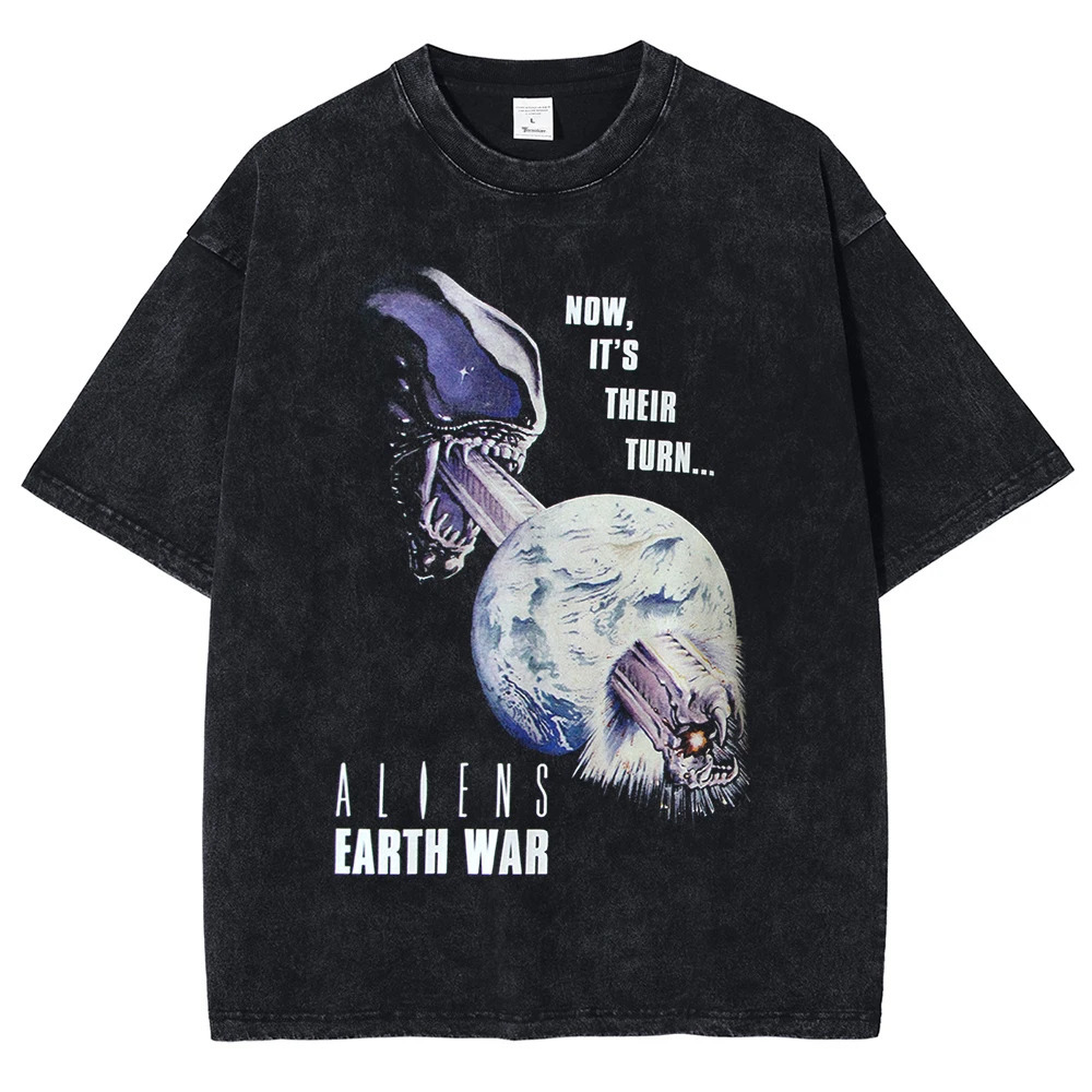 Mens Tshirt retro horror killer alien pattern printed short sleeved summer cotton oversized unisex top Y2K 250318