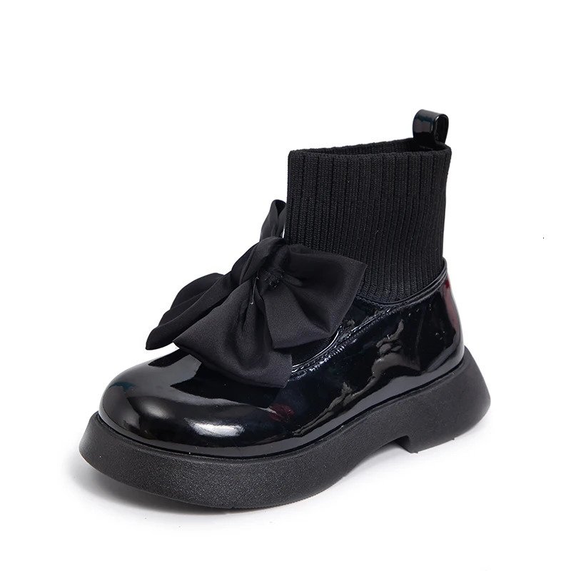 Girls Black Non-slip Kids Fashion Bow Elegant Glossy UK Uniform Child School Shoes Simple Casual Sock Boots Breathable 250326