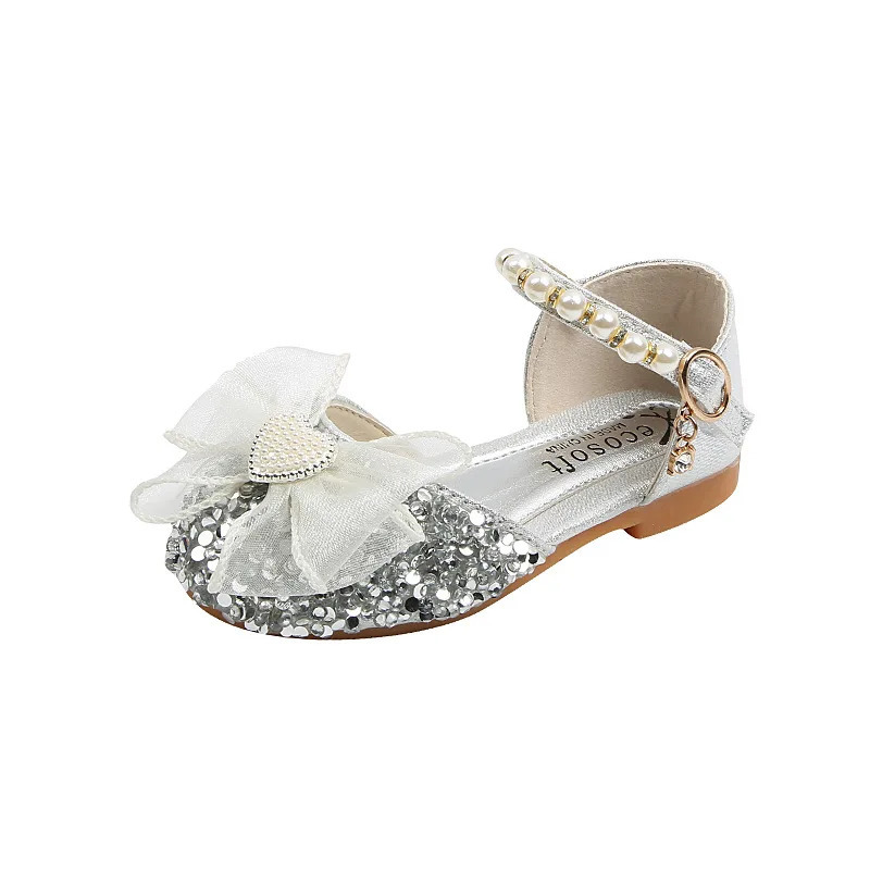 Summer Girls Sequin Lace Bow Princess Sandals Pearl Dance Show Shoes Kids Soft Sole Sandals Children Wedding Shoes 250326