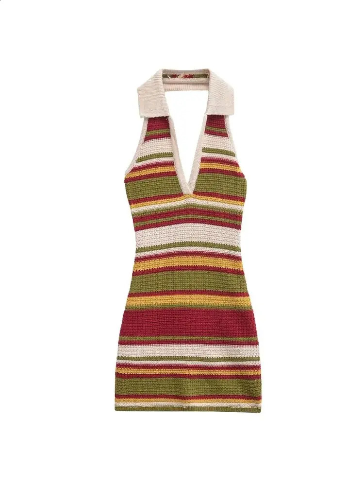 TRZA-Womens Striped Crochet Knit Mini Dress Backless Halter Neck Female Dresses Sexy Fashion 250322
