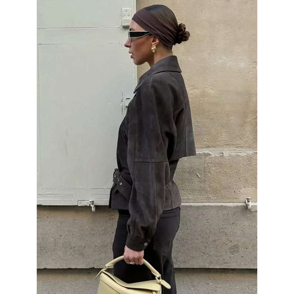 Women's Coat Vintage Women's Belt Short Suede Jackets Street Lapel Long Sleeve Zipper Female Coats Spring Lady Patchwork Moto Outerwears