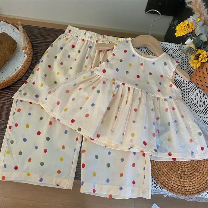 Childrens Clothing Sets Color Polka Dot Sleeveless Top Wide Leg Pants 2pcs Toddler Girl Clothes Kids Boutique Clothes 250326