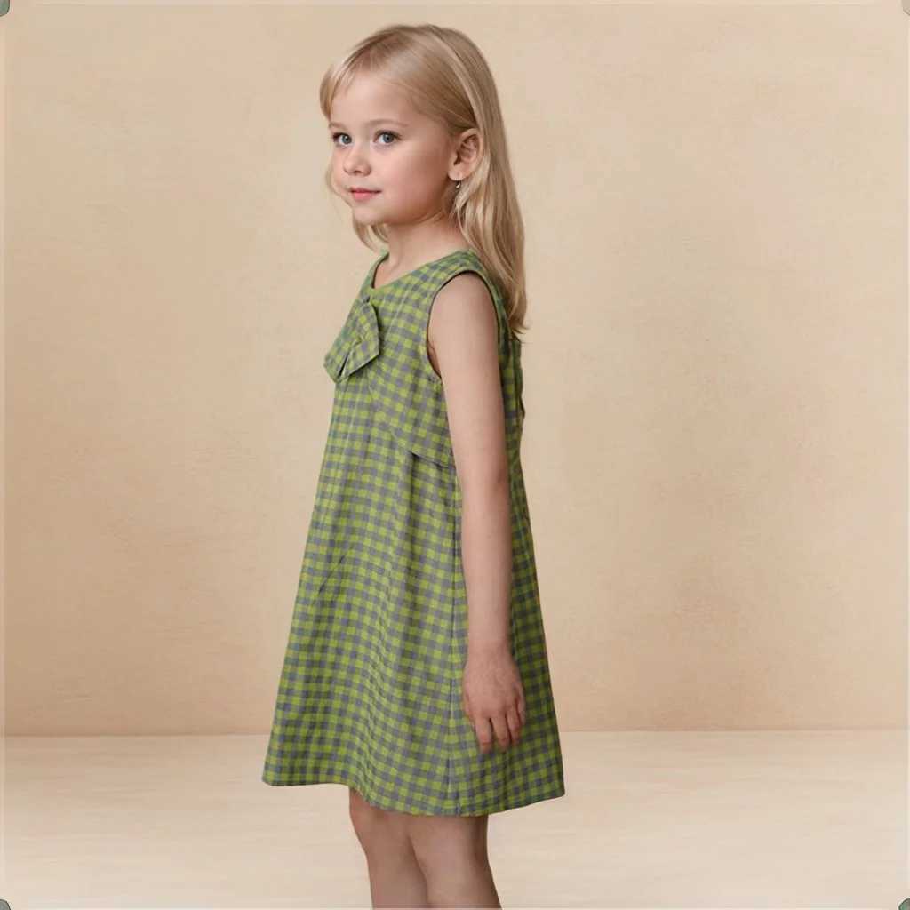 Summer Kids Babys Big Girls Dress Cotton Bow Sleeveless Plaid Toddler Girl Princess Dress Vacation Little Girl Vest Dress W250326