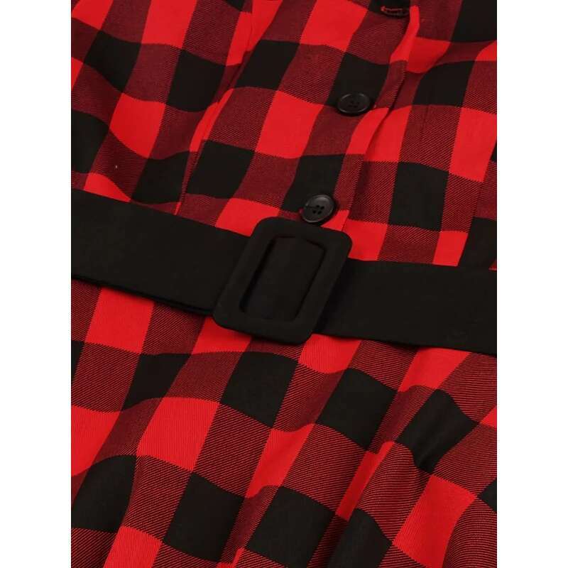 Dongdumaoyi Elegante Jaren Retro Gotische Rode Geruite Jurk Voor Dames V Hals Korte Mouw Met Riem Knielengte Mix Wasbaar In De Machine