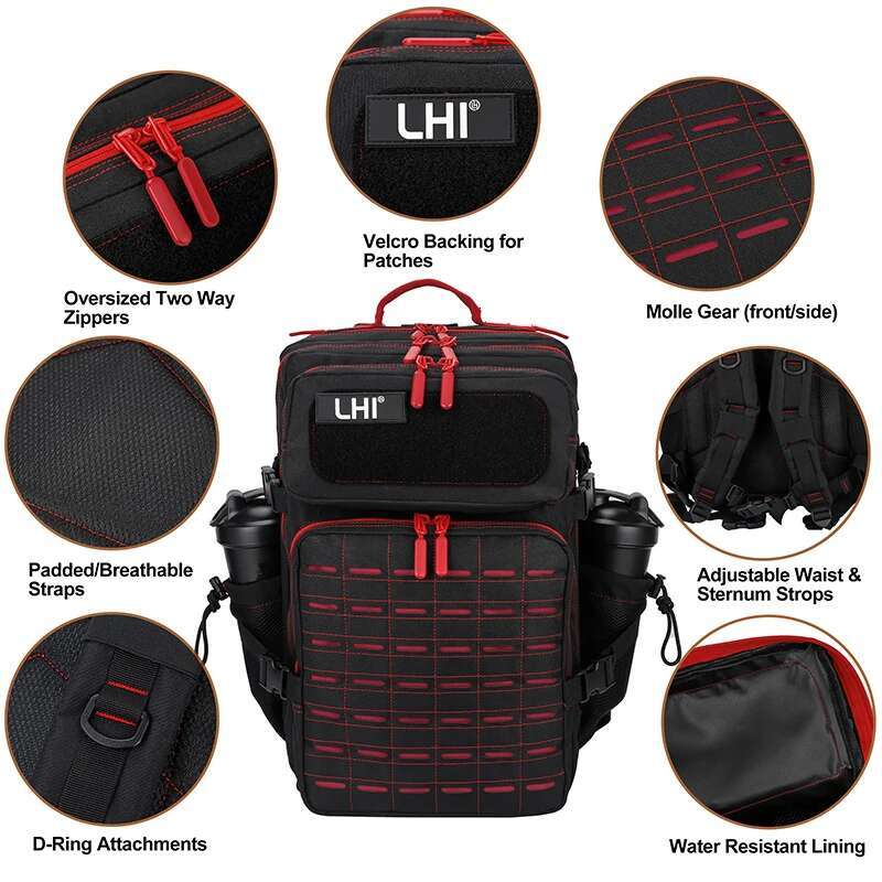 LHI 45L Tactical Backpack For Men And Women Black Red Zipper Spotrs Athlete Gym Bag Outdoor Hiking Rucksack With Bottle Holder