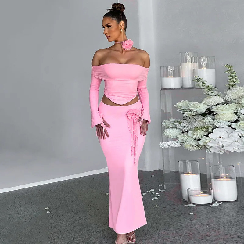 Cryptographic Off Shoulder Sexy Mesh Ruffle Dress Set for Women Matching Club Party Flower Stickers 2piece 250326