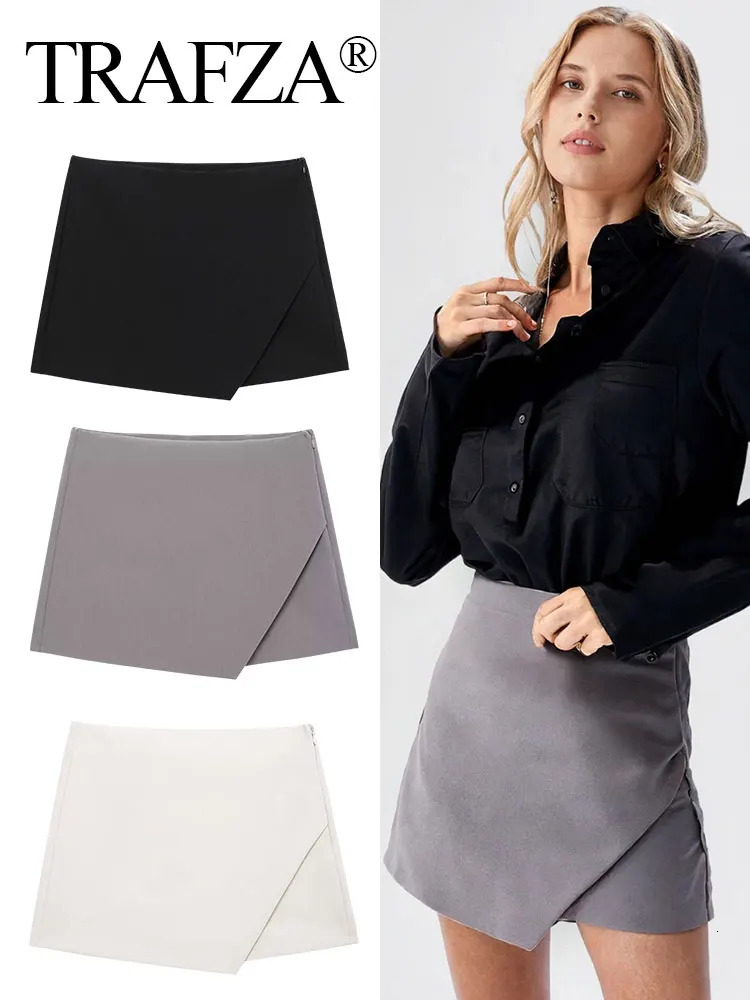 TRAFZA Womens Spring Fashion Elegant Culottes Solid Color High Waist Aline Asymmetric Side Zipper Ultra Thin Ski Pants 250326