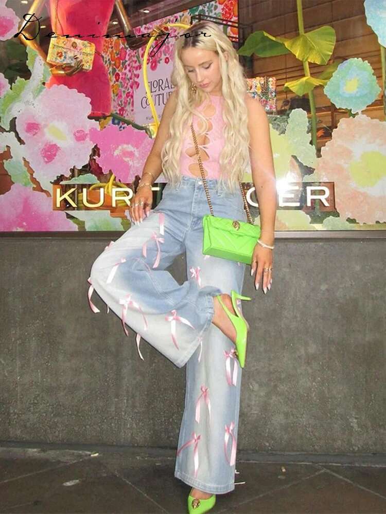 Casual Washing Bow Women Jeans High Waist Wide Leg Zippers Pockets Female Spring Summer New Fashion Lady Trouser
