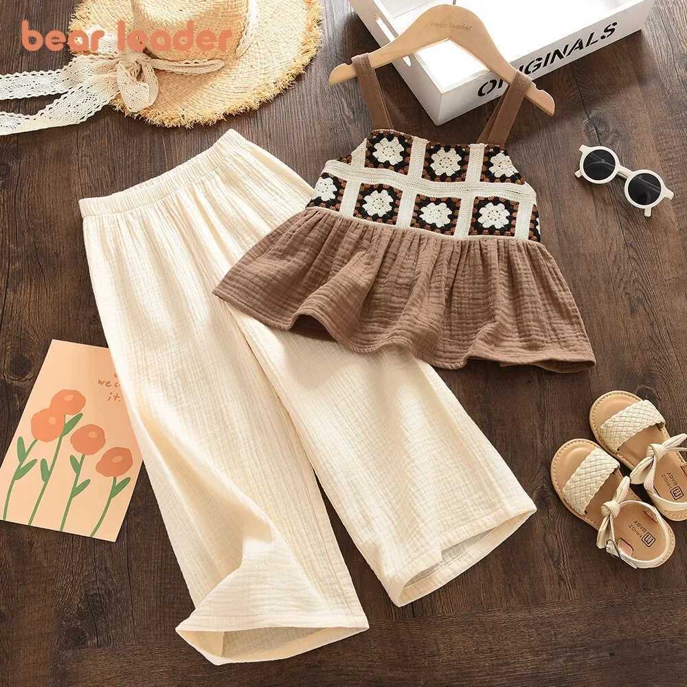 Bear Leader Girls Suit Summer Brown Retro Printed Flat Shoe Top+Beige Pants Sweet Two Piece Set 3-7 Years OldT250327