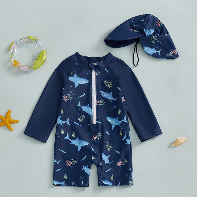 0-5Years Kids Boy Rash Guard Swimsuits Shark Print Long Sleeve Half Zip-up Bathing Suit with Sun Hat 2 Pcs Swimwear for Toddler 250326