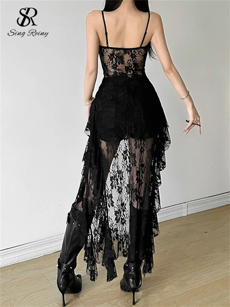 Singreiny Womens Lace Irregular Long Dress Camis Sheath Sensual Sheer Fashion Street Clothing Hollow Ruffle Sexy 250324