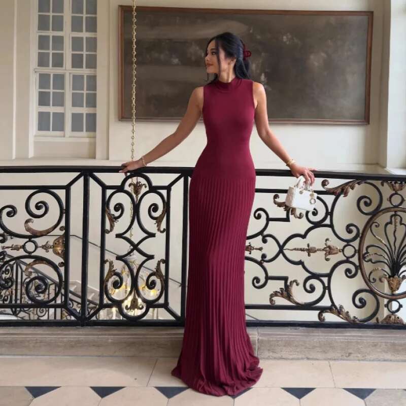 Dongdumaoyi Semi Hoge Hals Mouwloze Gebreide Lange Jurk Effen Kleur Plooirok Bodycon Zomer C