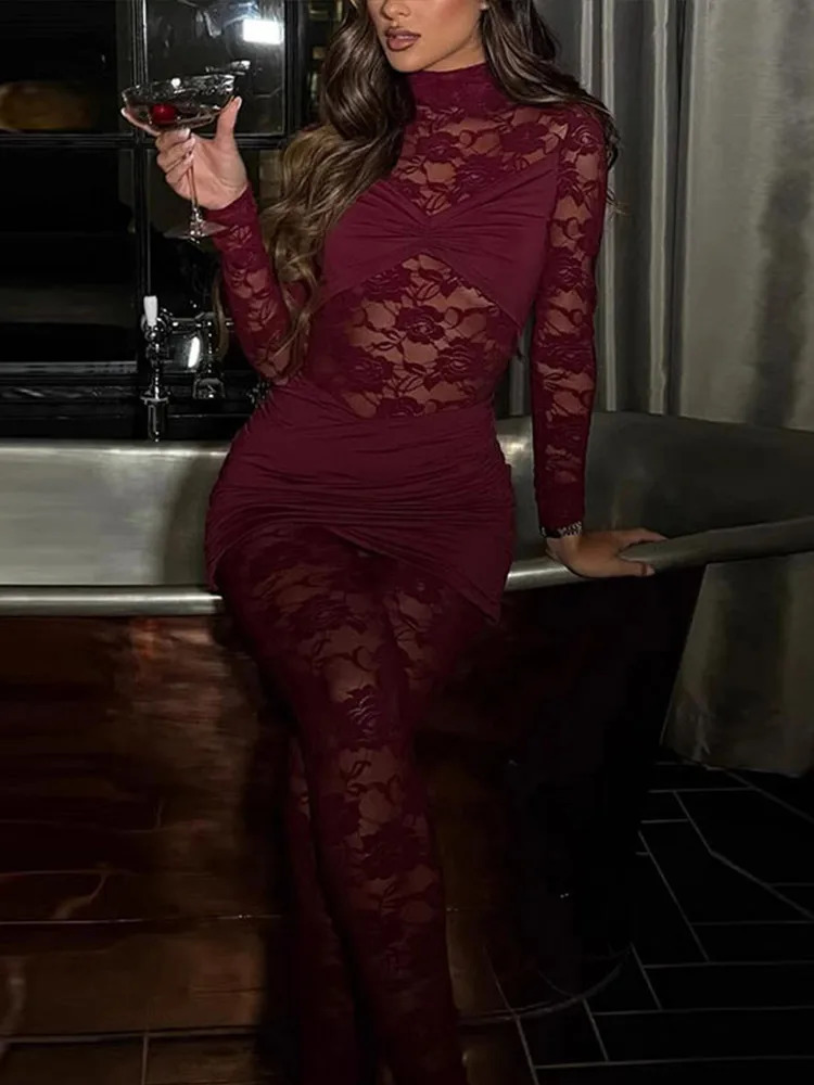 Sexy lace hollow outer jumpsuit womens turtle neck full sleeve slim fit hip bag springsummer fashionable set 250326