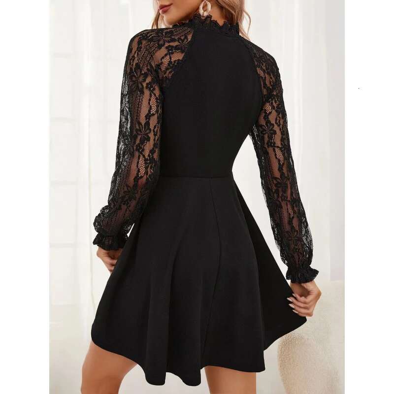 Dongdumaoyi Lente Nieuwe Collectie Elegante Dames Effen Kleur Franse Contrasterende Kant Tie Taille Lange Mouwen Mode Jurk