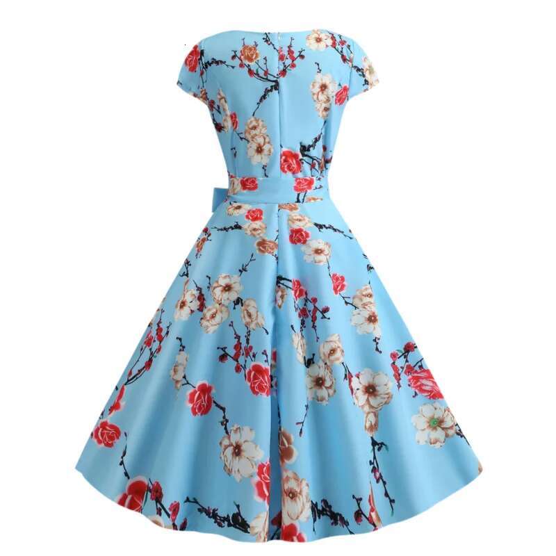 Dongdumaoyi Elegante Bloemen Midi Jurk Met Riem Ronde Hals Korte Mouwen Polyester Wasbaar In De Machine WD