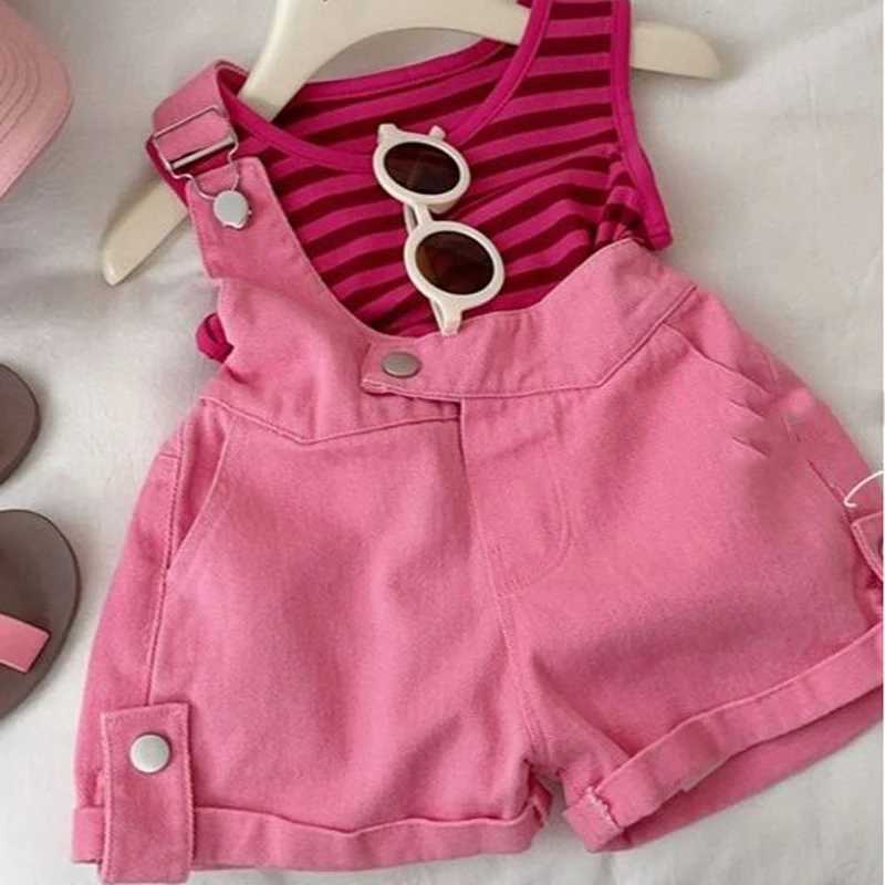 Girl denim pendant set 2023 new childrens summer striped vest+pendant shorts baby fashion two-piece clothing setT250327