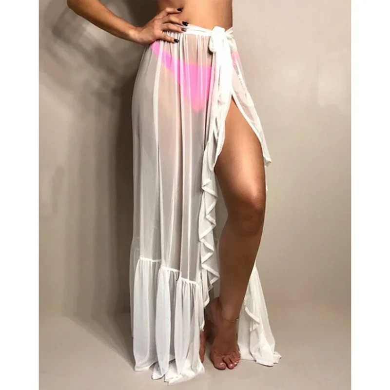 Combhasaki Womens Mesh Transparent Beach Holiday Ruffle Sunscreen Bikini Cover Wrap Belt Bow Strap Long Sleeve Summer Vacation 250326