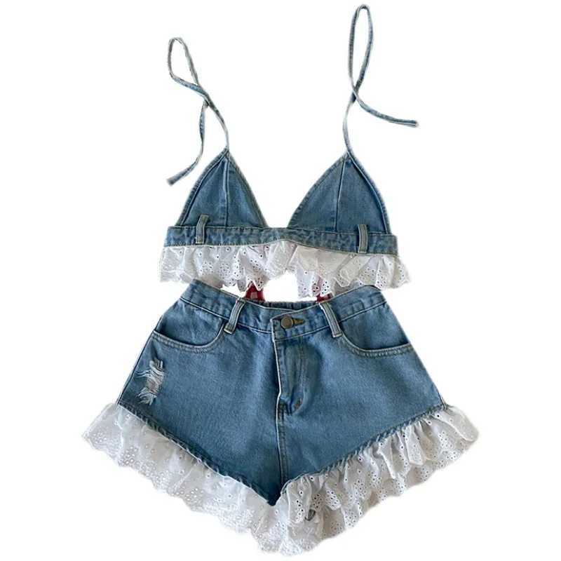 Summer clothing set for teenagers and girls aged 3-16 sleeveless denim crop shirt+jeans shorts childrens clothing setT250327