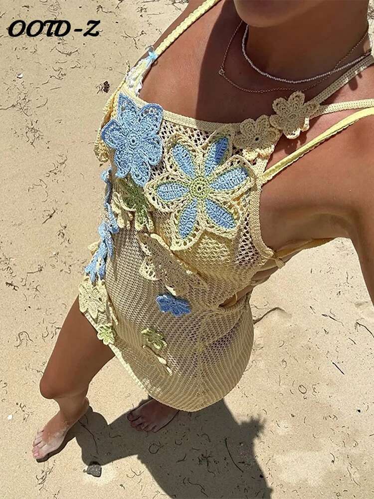 Women Knit Wer Sg Mini Summer Dresses 2025 Sexy One Shoulder Backless Bandage Hollow Out Beach Slim Holiday Lady Robe