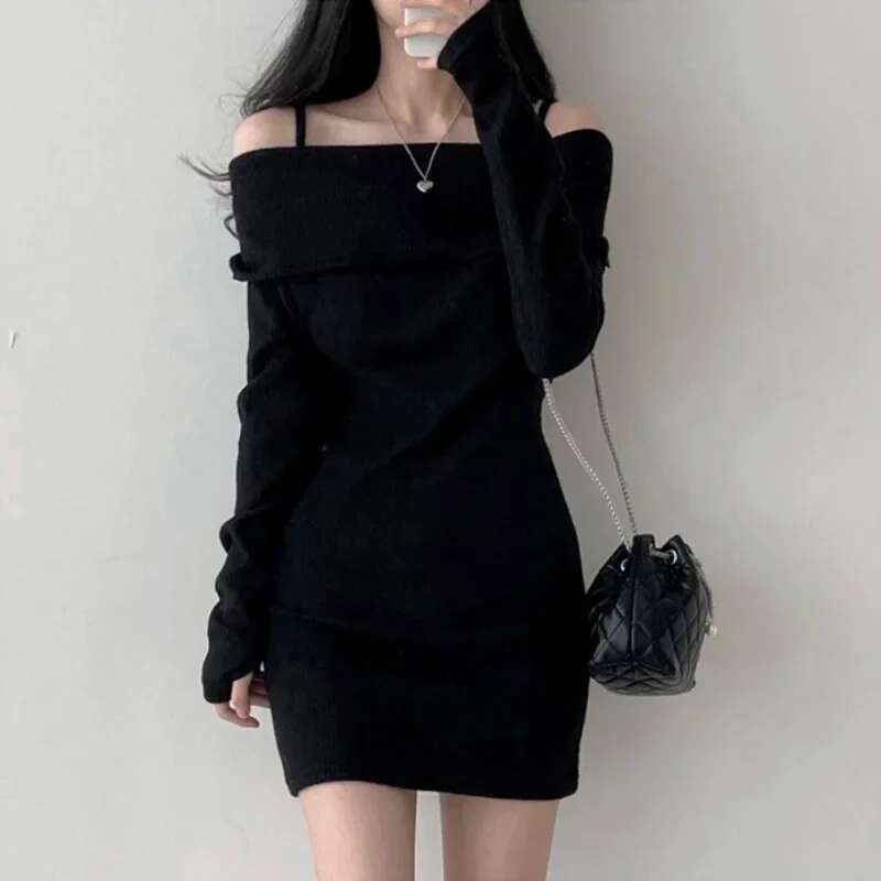 Knitted Chic Dress Sexy Korean Shoulder Bared Belted Ribbed Wrap around Mini Skirt for Small Figures Stylish Autumn Winter