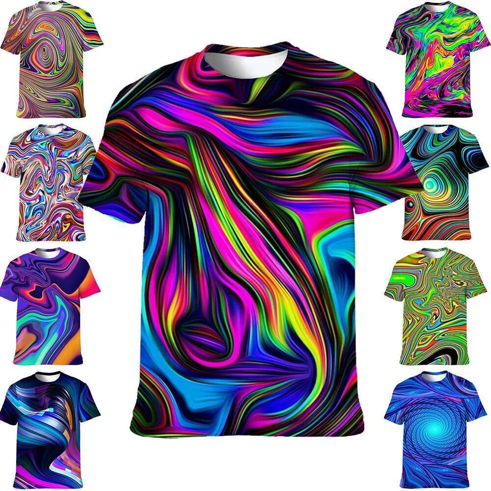 Men s colored T shirt D printed abstract neon light short sleeved