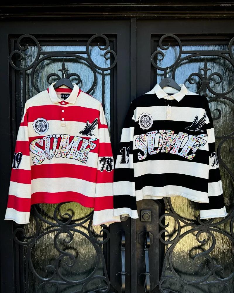 Men's Polos Sume Striped Shirts Men Women Hip Hop Rhinestone Print Y2k American Retro Street Style Polo Shirt Y2k Harajuku Fashion Long Sleeve T 