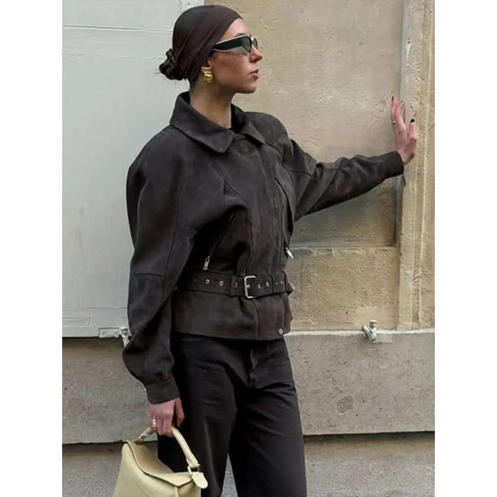 Women's Coat Vintage Women's Belt Short Suede Jackets Street Lapel Long Sleeve Zipper Female Coats Spring Lady Patchwork Moto Outerwears