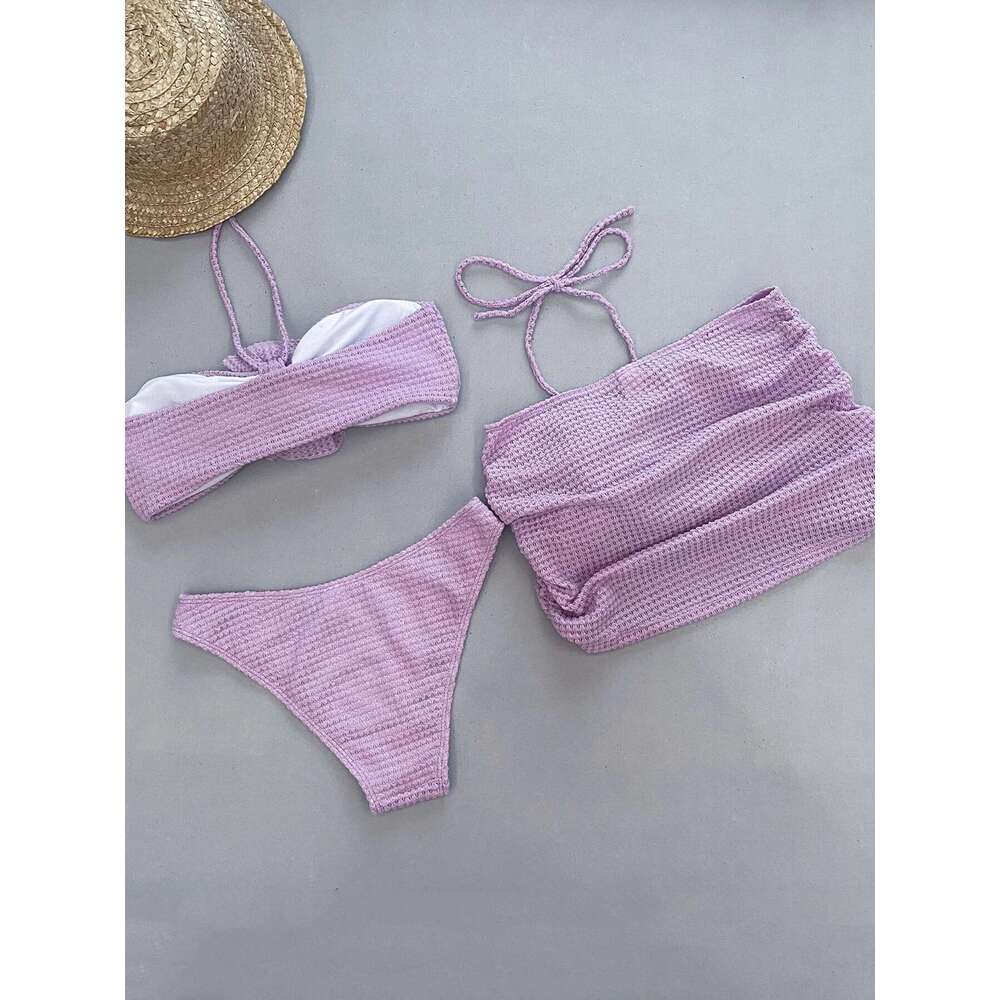 New Sexy 2025 Crochet Mesh Three Pieces Bikini Sets Swimsuit For Women 3D wers Swimwear Female Solid Bathing Suits Beachwear