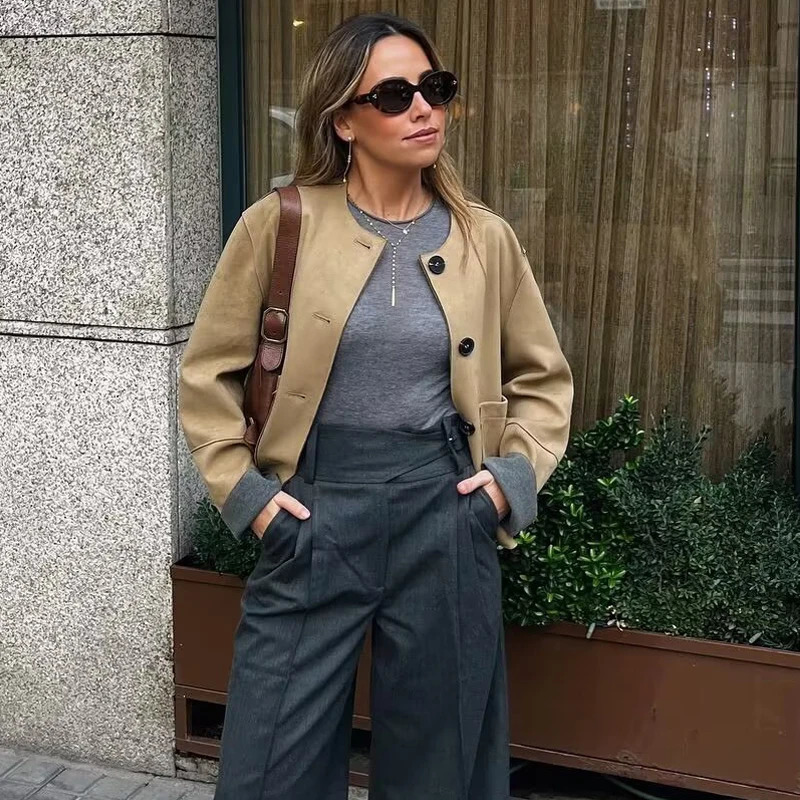 TRAF suede jacket womens spring Coats Jackets crop Oneck button long sleeved fashionable and elegant 250326