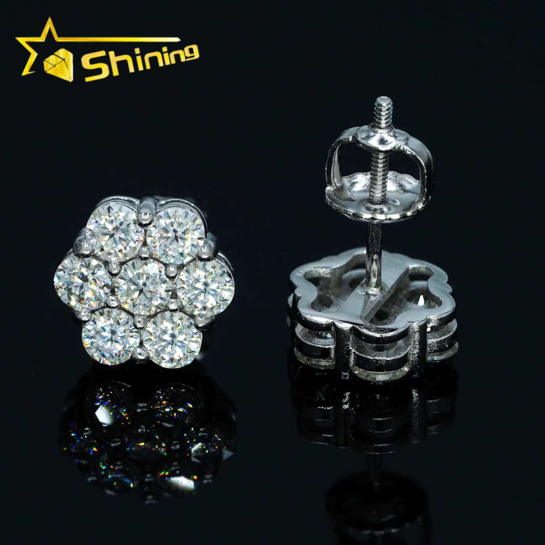 Hot Selling Gold Plated 925 Silver Flower Earrings GRA Certificated Screw Back Moissanite Cluster Ear Stud for Men Women