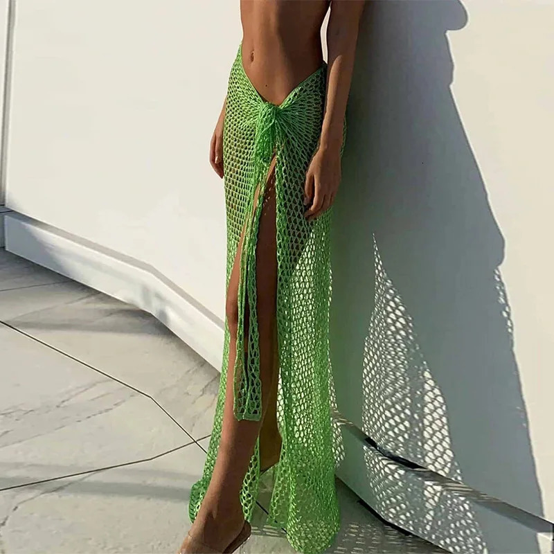2024 Croche Beach Cover Up Sexy See Through Dress Knit Long Ski Net Hollow White Midi Party Set 250326