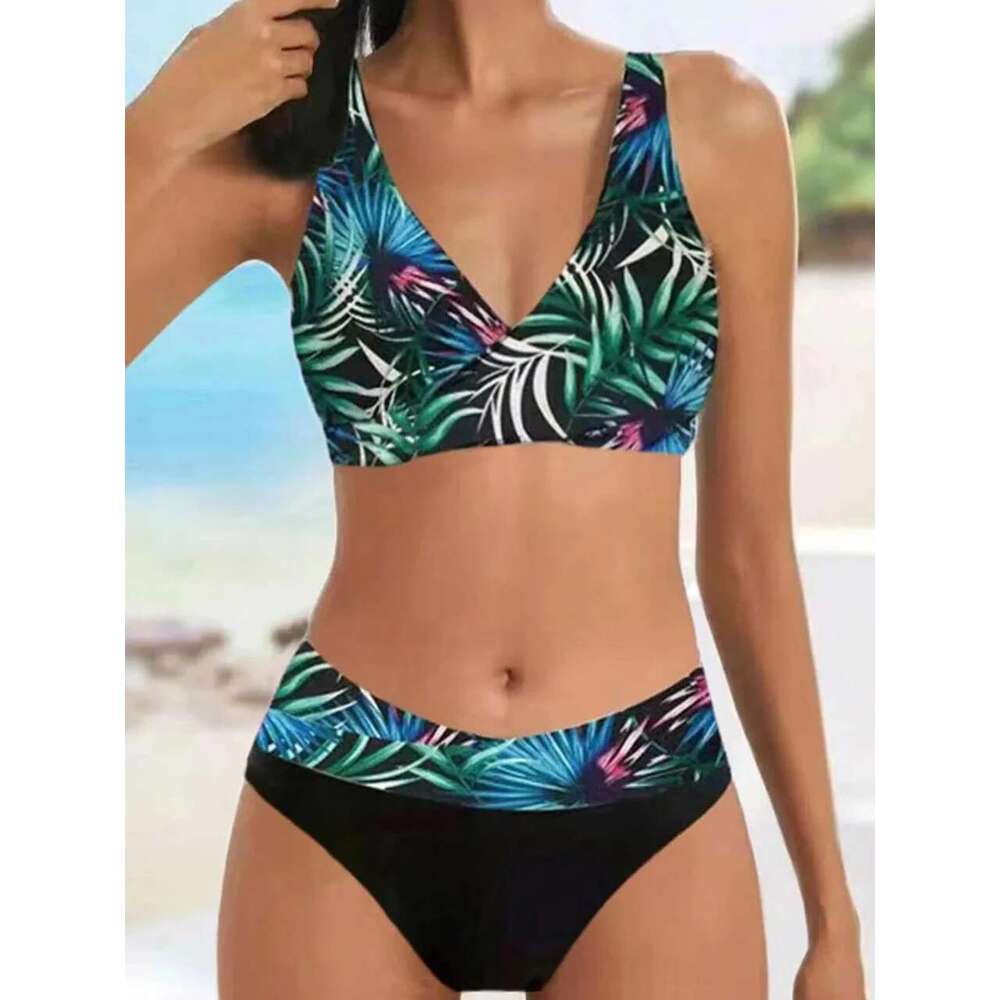 Bikini V Neck Set 2025 Women Stripe Print Patchwork Swimwear Summer Beachwear Swimsuit Female Bathers Bathing Swimming Suit 2XL