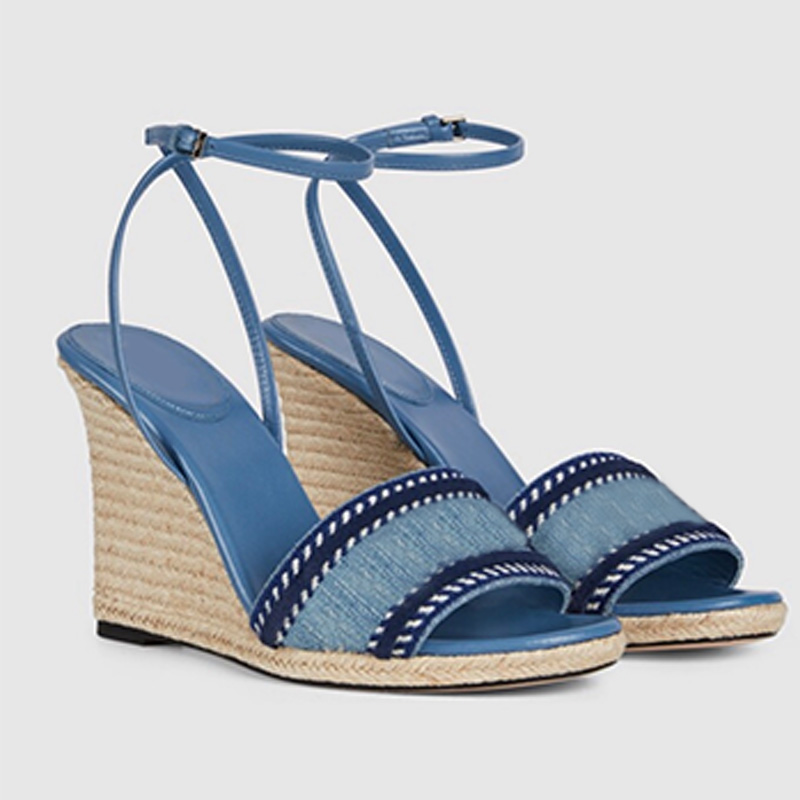 Sandals New Wedge Heel Sandals Designer Blue Denim Woven Heels Embroidered Hemp Soles High Heels 9cm Shoes Platform Heel 9cm Top Quality Dress Party Heel Shoes