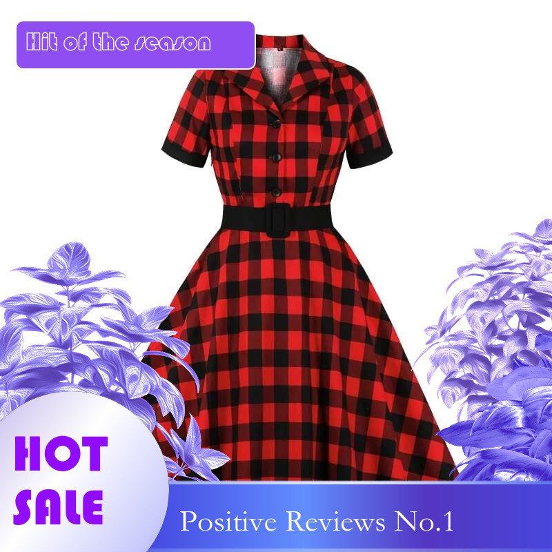 Dongdumaoyi Elegante Jaren Retro Gotische Rode Geruite Jurk Voor Dames V Hals Korte Mouw Met Riem Knielengte Mix Wasbaar In De Machine