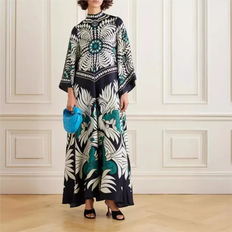 Stand Collar Elegant Lady Printing Dress Casual High Waist Long Sleeve Party Dress Women Spring Summer Loose Streetwear Dress 250326