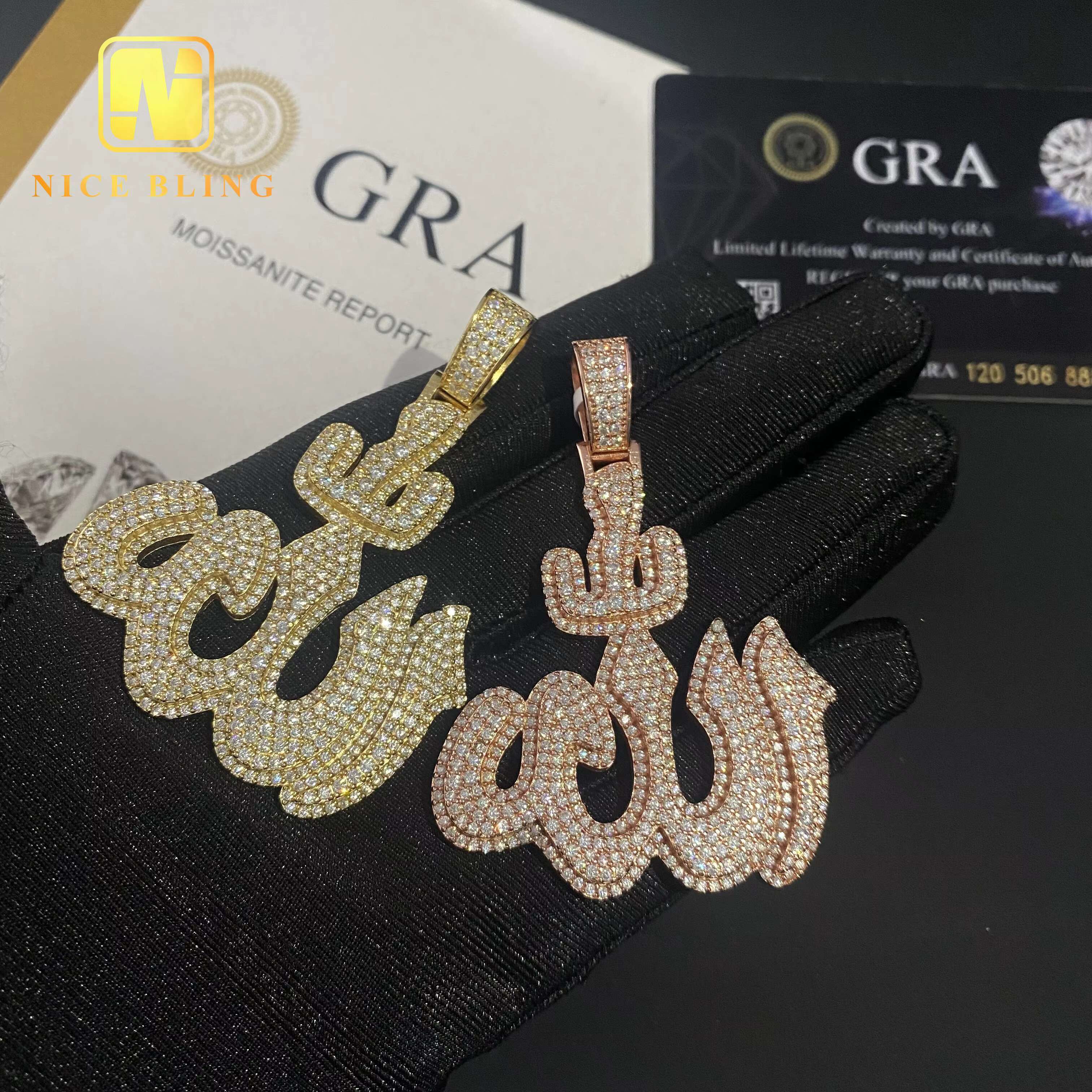 Pass Diamond Tester Custom Hip Hop Moissanite Diamond Jewelry Ice Out 925 Sterling Silver VVS Moissanite Fire Allah Pendant