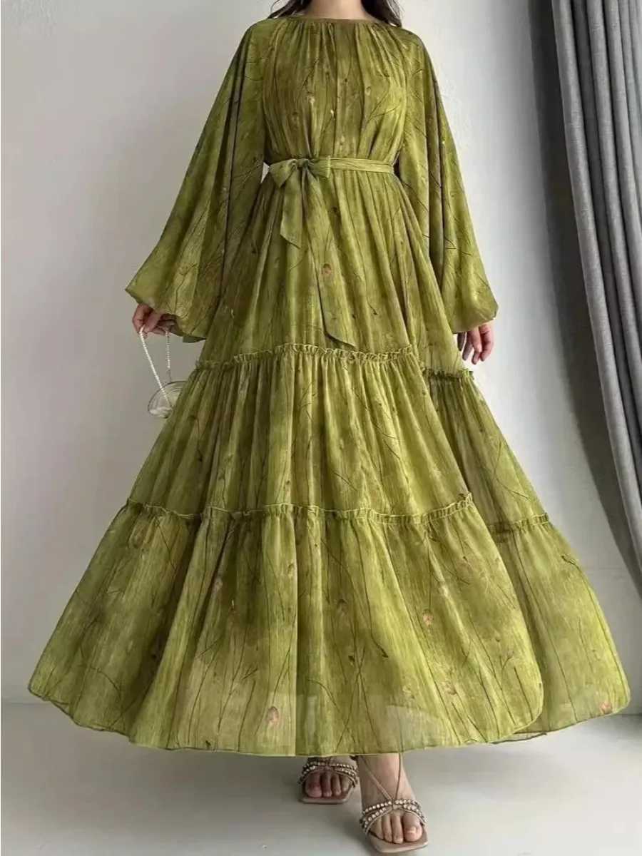 Eid Muslim Abaya Dress for Women Print Chiffon Sashes Jalabiya Kaftan Islam Vestidos Largo Arab Long Robe Ramadan Morocco Abayas X2505141