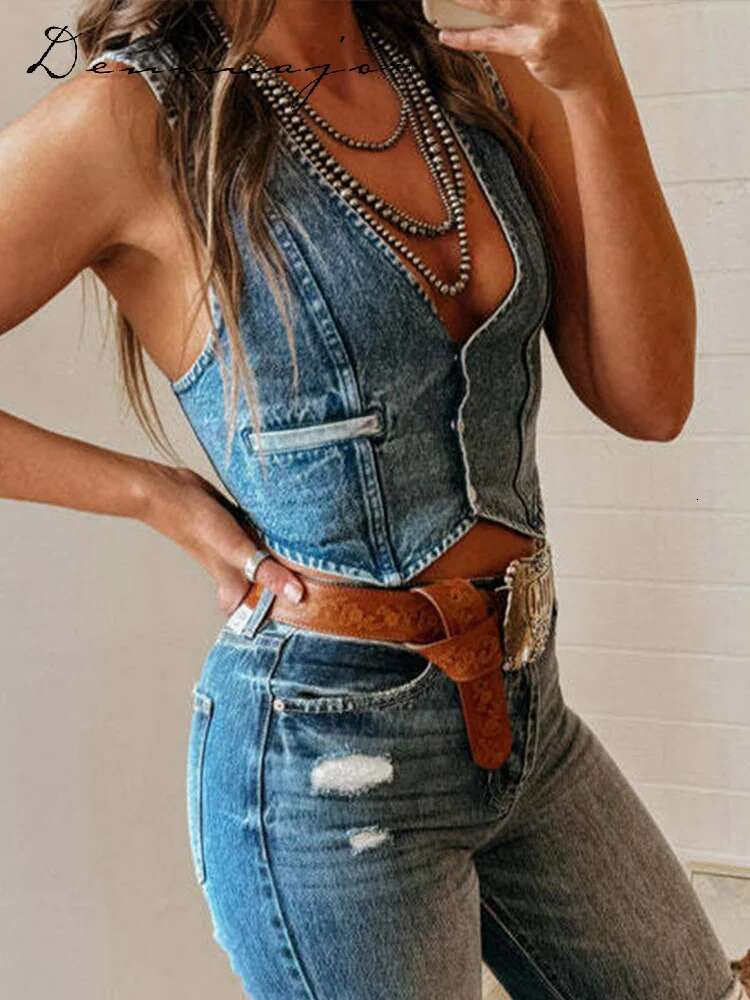 Sexy V-Neck Denim Vest Women Sleeveless Single Breasted Asymmetrical Female Short Top Summer High Street Solid Lady Outwear