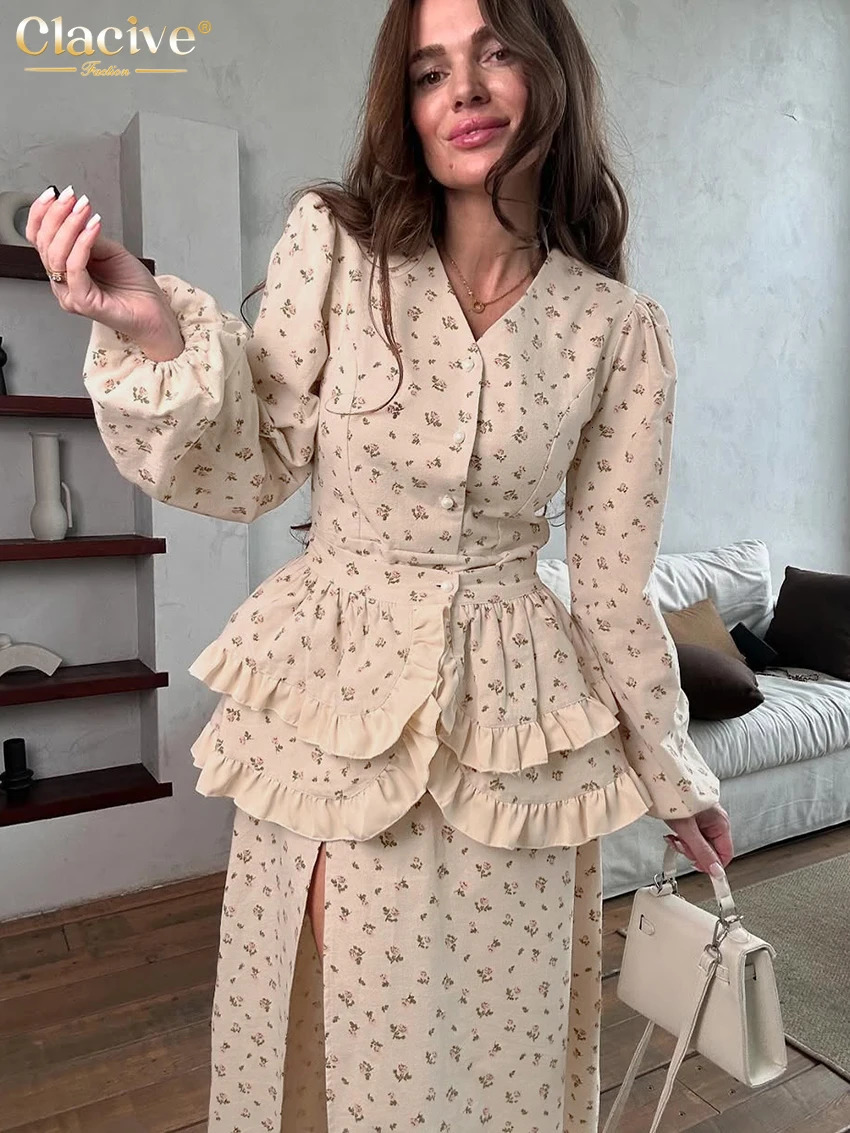 Clacive Fashion loose print womens twopiece set elegant long sleeved shirt high waist ankle length tight fitting 250326