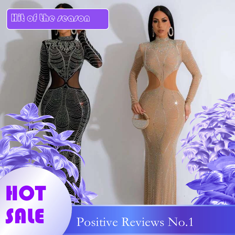 Dongdumaoyi Mode Dames Effen Kleur Mesh Strass Lange Jurk C