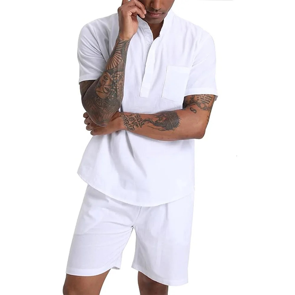 Mens cotton linen set Henry shirt shorts 2piece beachwear vacation summer dress 250326