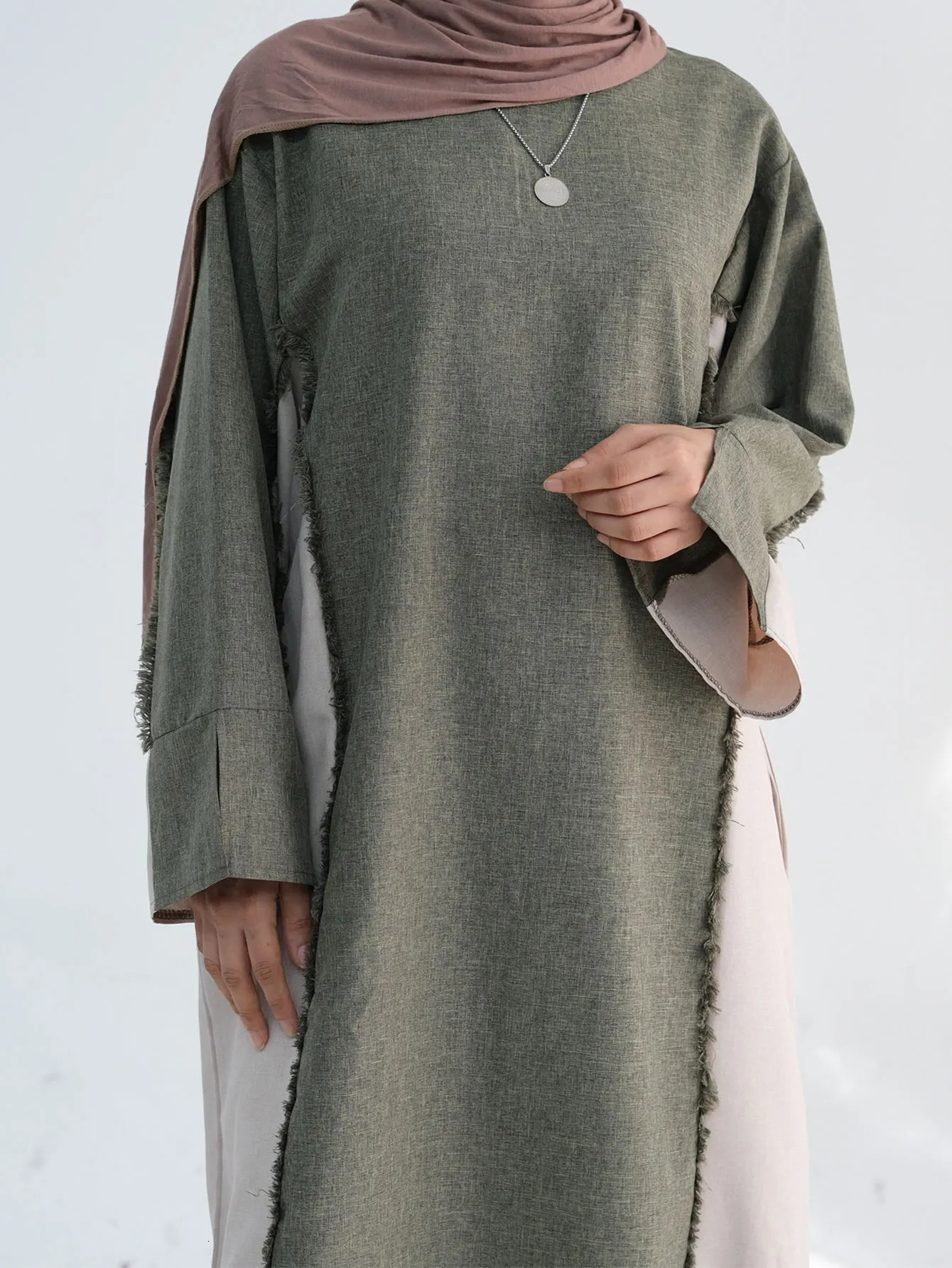 Trend Contrastive Color Womens Clothing Humble Abaya Muslim Linen Closed Ramadan EID Dubai 250326