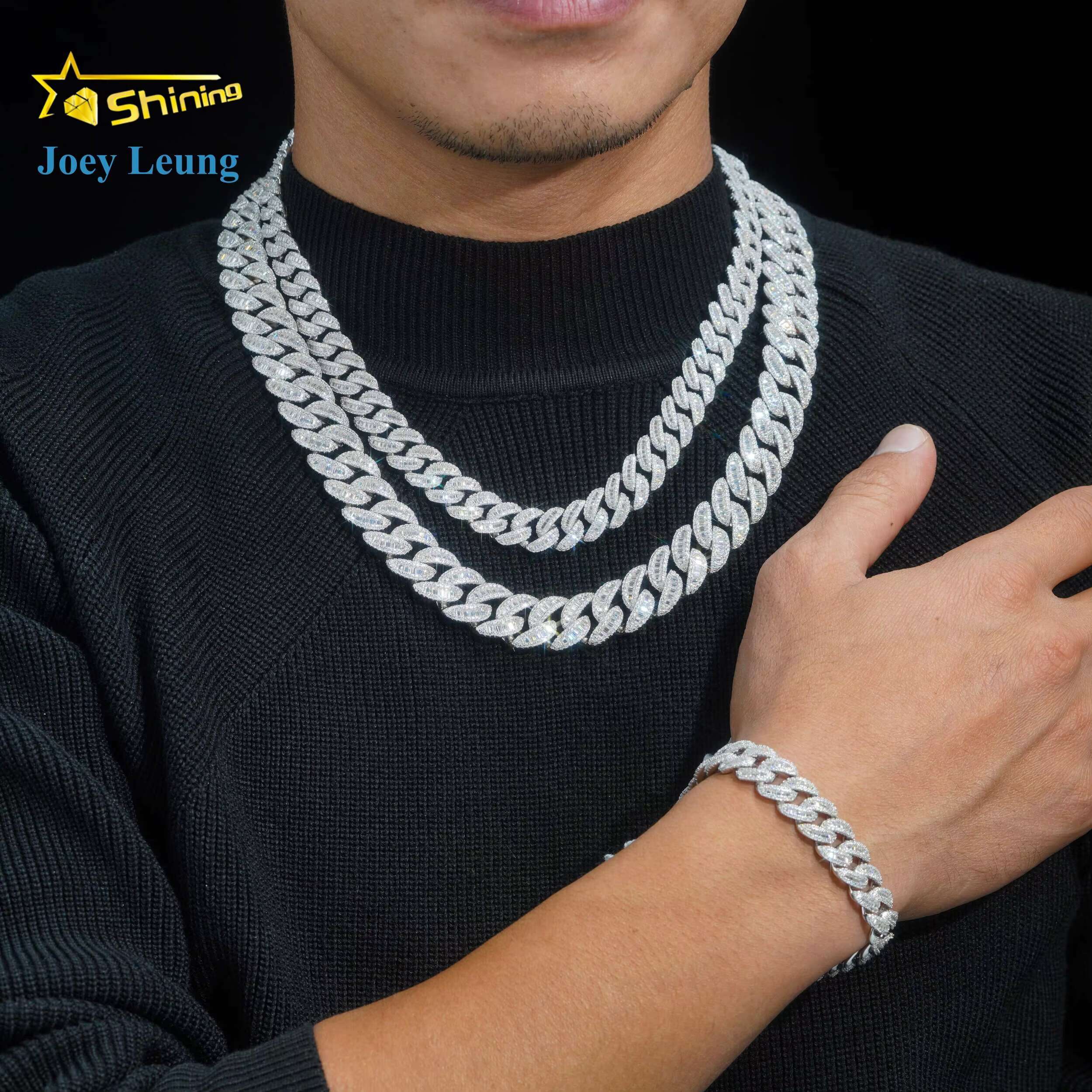 Hip Hop Jewelry 12mm 16mm 925 Sterling Silver Iced Out Custom Baguette Initial Necklace VVS Moissanite Cuban Link Chain