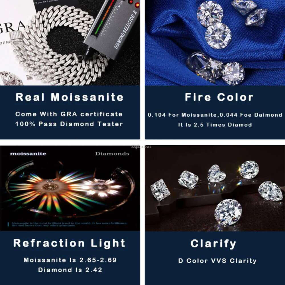 pass tester fashion gra moissanite dia 10mm-12mm wide 2rows solid sier cuban k chain for rapper hip hop necklace bracelet gift accessories
