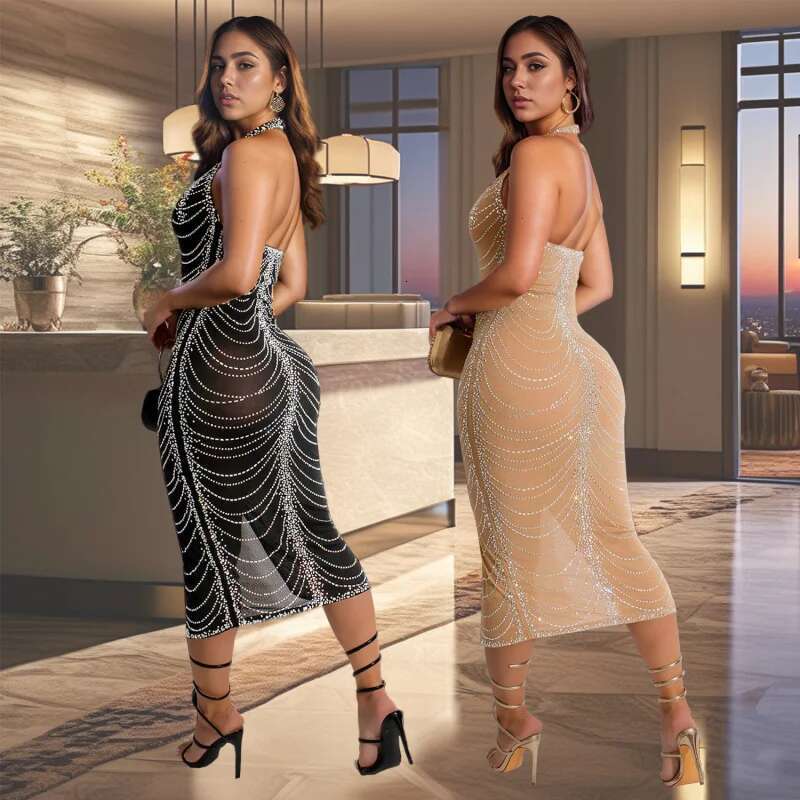 Dongdumaoyi Mode Dames Strass Slim Fit Sexy Bodycon Lange Jurk C